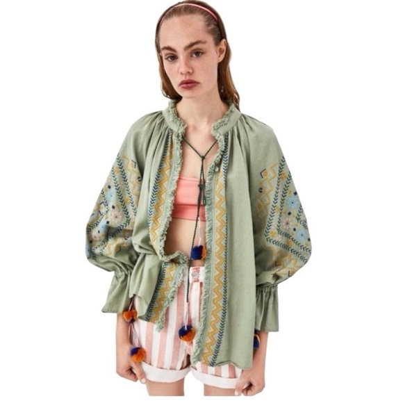 trf Zara Victorian Style Sage Green Boho Lightweight Jacket with Pom Tassels - Picture 3 of 5